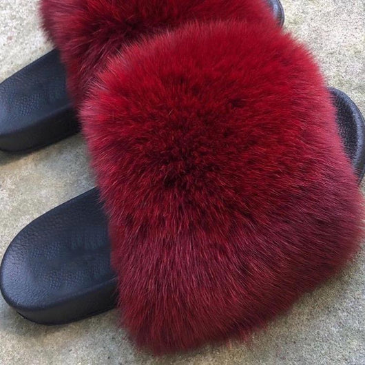 burgundy fur slides