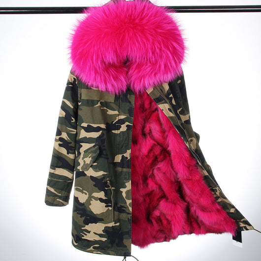 camouflage parka with pink fur hood