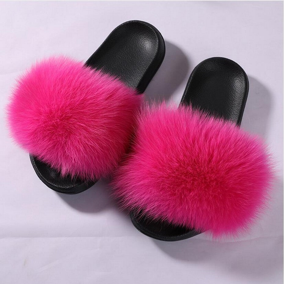 Fox Fur Slides Slippers - Hot Pink – Pomkin