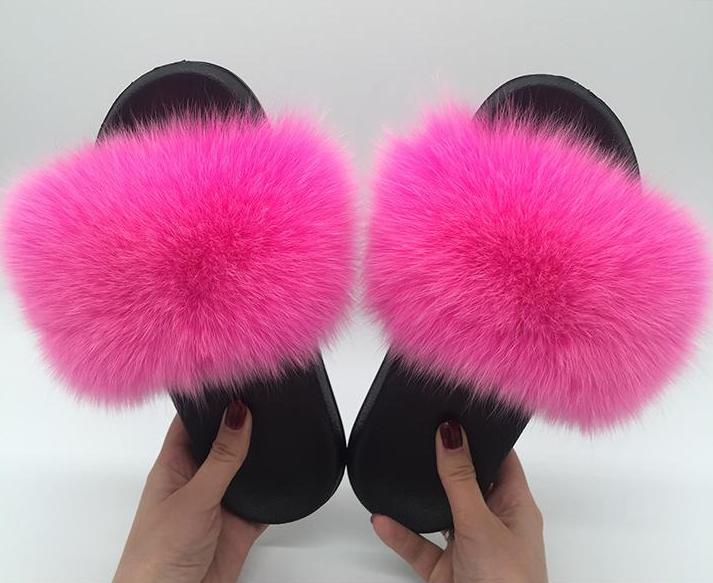 Fox Fur Slides Slippers - Hot Pink – Pomkin