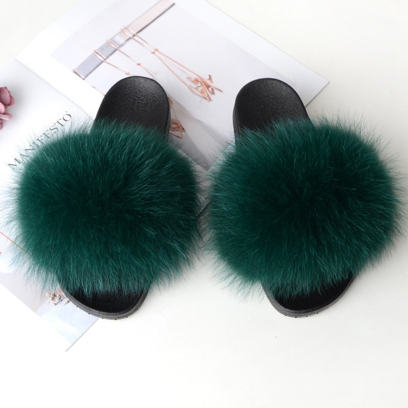 Fox Fur Slides Slippers - Emerald Green 