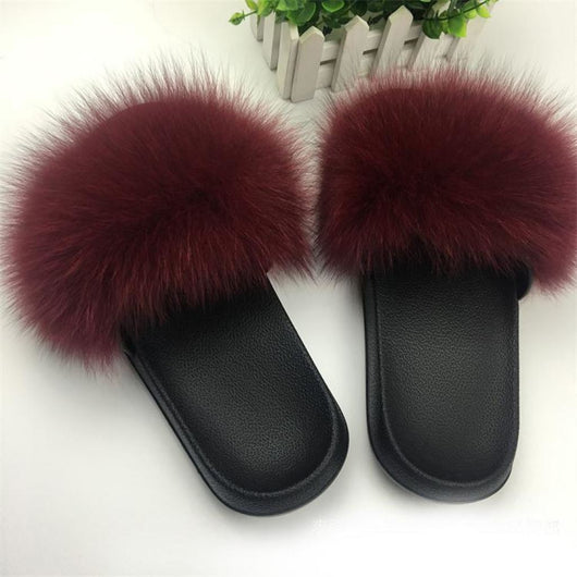 burgundy slides with fur