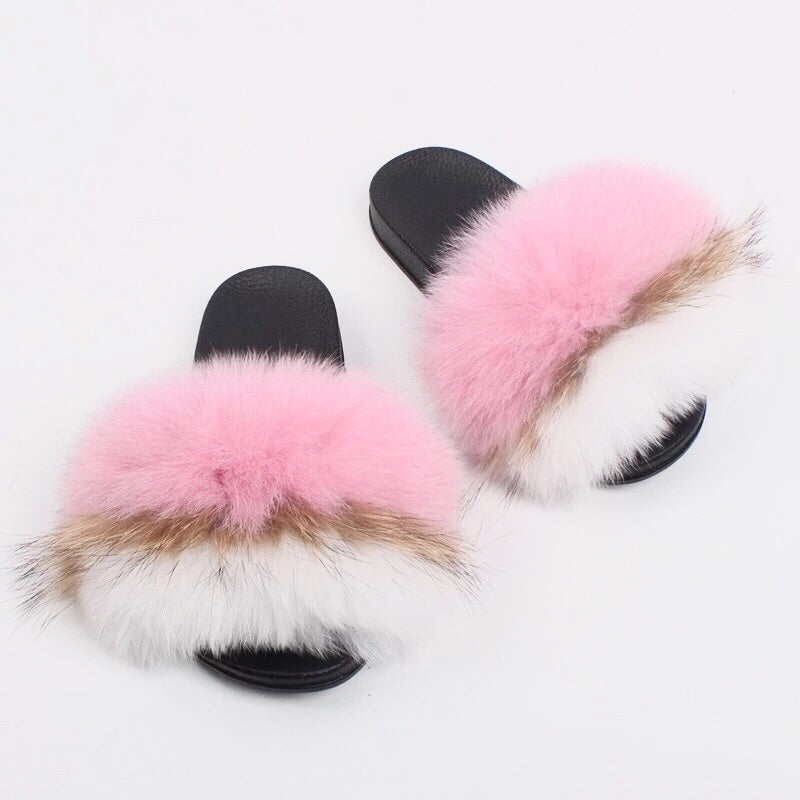 cream fur slides