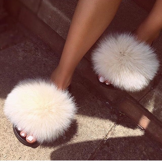 cream fur slides