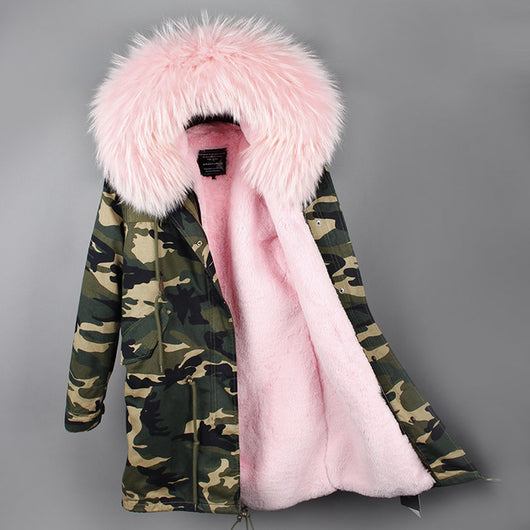 parka coat with pink fur hood