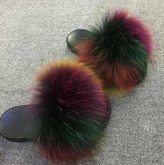 Fox Fur Slides Slippers - Multicolor 