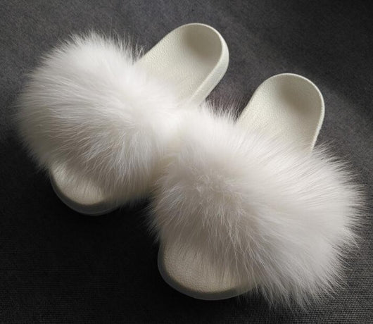 Fox Fur Slides Slippers - White – Pomkin