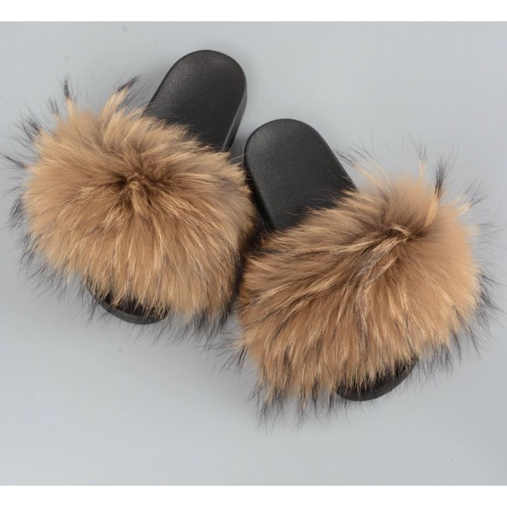 Raccoon Fur Slides Slippers - Natural Brown – Pomkin