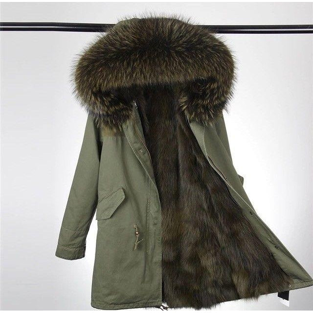 olive green parka with fur trim hood