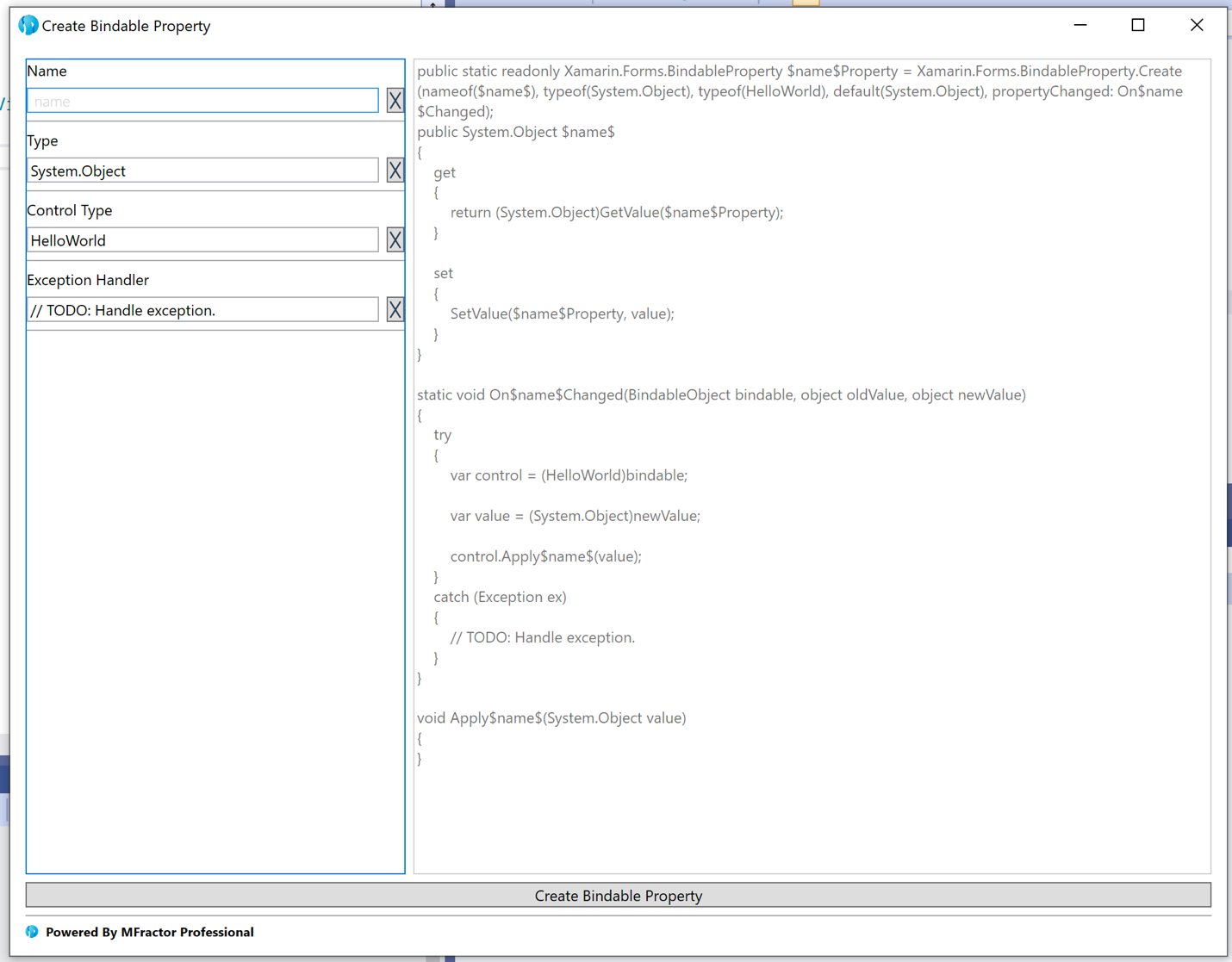 Using MFractors bindable property wizard to create a new Xamarin.Forms bindable property