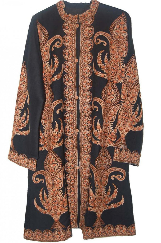 Woolen Coat Long Jacket Black, Brown Embroidery #AO-1142 – Best of Kashmir