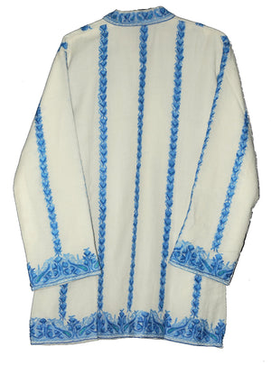 Embroidered Woolen Jacket White, Blue Embroidery #AO-006