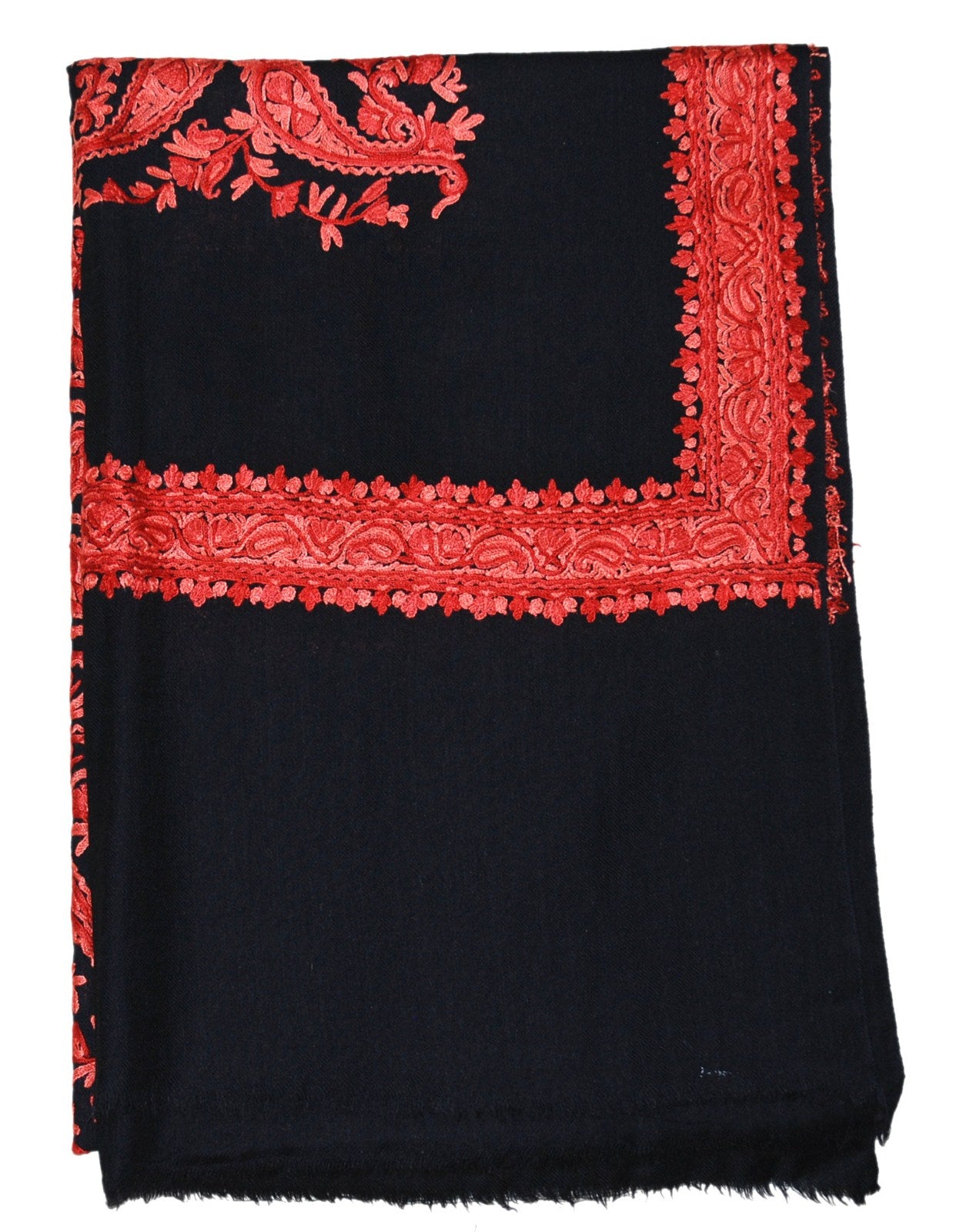 Hand Embroidered Woolen Shawl Scarf Black, Coral Embroidery #WS-144