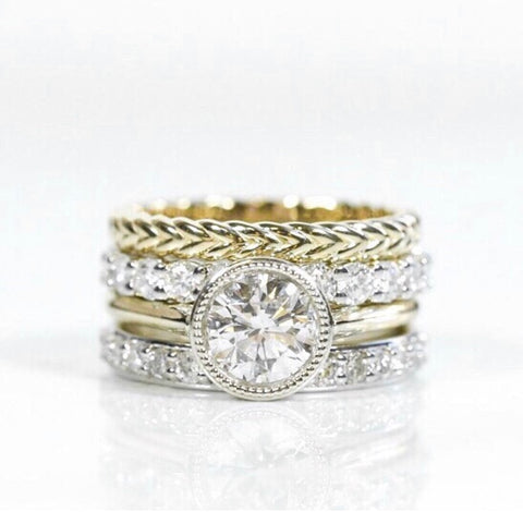 Heirloom redesign stack made with heirloom diamonds and mix of yellow and white gold