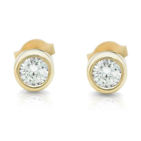 bezel set diamond stud earrings available in 14k yellow, rose or white gold
