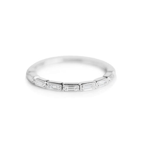 baguette diamond stackable wedding band with white gold and clean lines Art Deco inspired