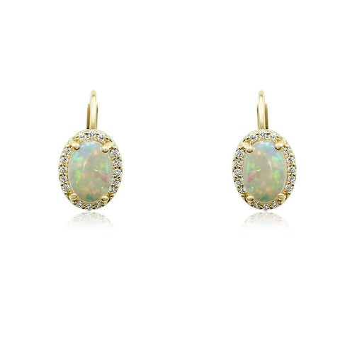 14k yellow gold Australian opal earrings with matching white diamond halos and cabochon lever backs 