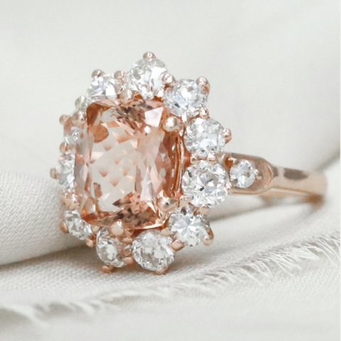 morganite custom engagement ring in 14k rose gold with an old european cut diamond halo