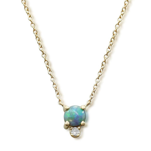 14k yellow gold round Australian black opal and diamond necklace with a 16-18in adjustable chain