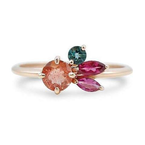 oregon sunstone and pink tourmaline cluster gemstone ring 14k rose gold 