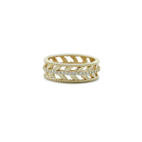 yellow gold and white diamond right hand ring band with leaf details