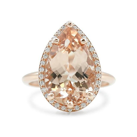 pear shaped morganite ready-to-ship engagement ring with a diamond halo