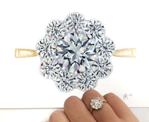 estate diamond engagement ring with yellow gold band and a diamond halo in a watercolor painting
