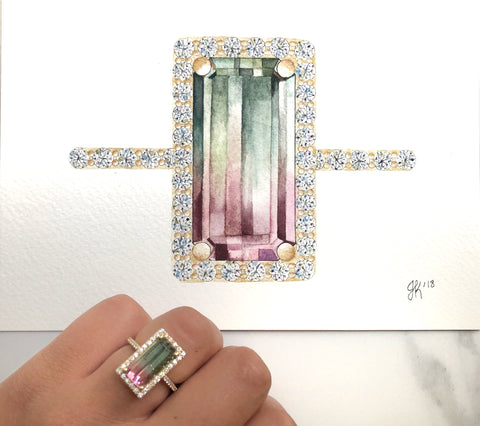 watermelon tourmaline gemstone ring with a diamond halo and yellow gold band in a watercolor painting