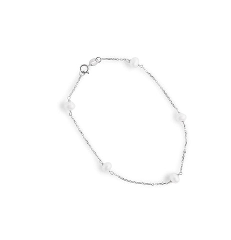 freshwater pearl bracelet with five pearls available in 14k yellow or white gold