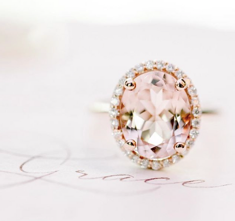 londyn ring pink morganite center stone with a white diamond halo