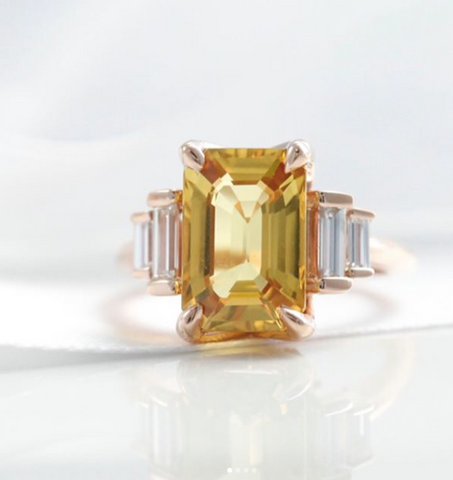 yellow sapphire and rose gold right hand ring with matching baguette diamonds push present 