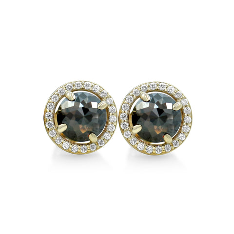 black diamond stud earrings with yellow gold posts and matching diamond halos
