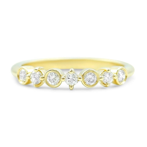 14k yellow, rose or white gold round diamond wedding band with alternating bezel and prong settings