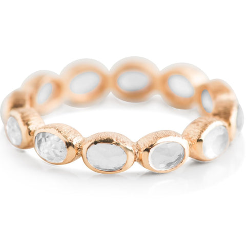 Moonstone eternity stack ring with bezel set gem stones in yellow gold
