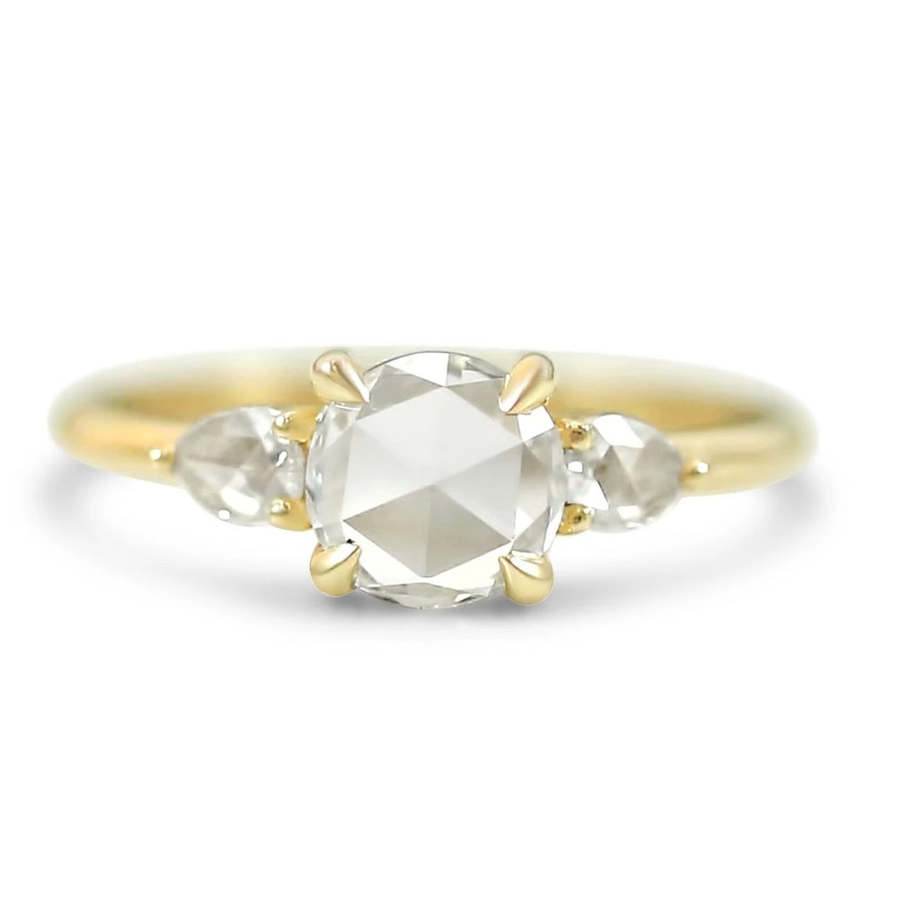 14k yellow gold rose cut round diamond engagement ring with rose cut pear side stones prong set