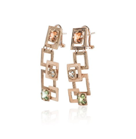 Estate geometric inspired yellow gold earrings with citrine, blue topaz, and peridot gemstones