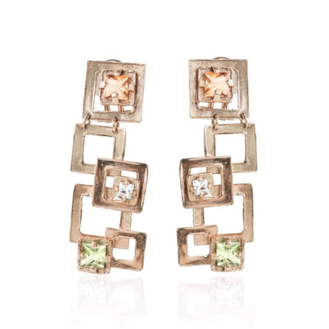 citrine, peridot and blue topaz geometric estate earrings with yellow gold