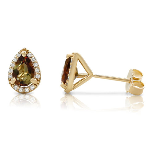 andalustie and diamond stud earrings pear shaped with halo and yellow gold posts