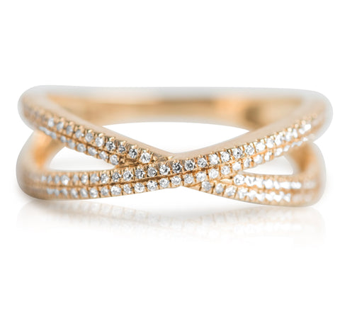 yellow gold and white diamond geometric X shaped right hand ring