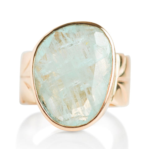 rough aquamarine and yellow gold bezel set estate ring