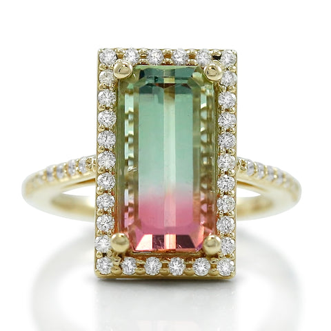 watermelon tourmaline and white diamond halo right hand ring with yellow gold band