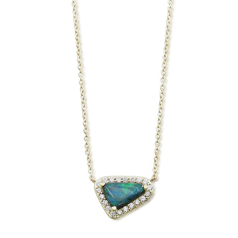 triangular shaped Australian opal gemstone necklace with a white diamond halo and 16-18in 14k yellow gold chain