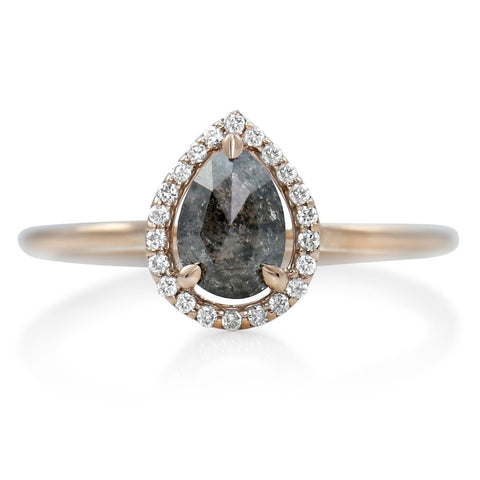 pear shaped gray diamond ring with diamond halo and the nrose gold band