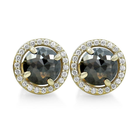 Rose cut black diamond studs with yellow gold and diamond halo