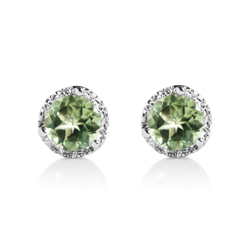 peridot gemstone stud earrings with a diamond halo and push back posts