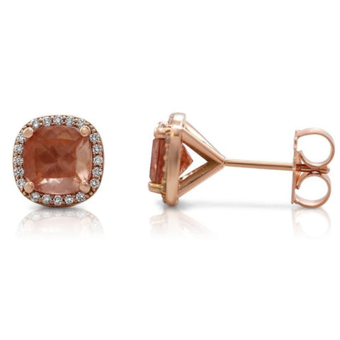 Oregon sunstone stud earrings with a white diamond halo and rose gold posts