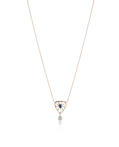 Yellow gold estate necklace with blue sapphire center stone and pearls 