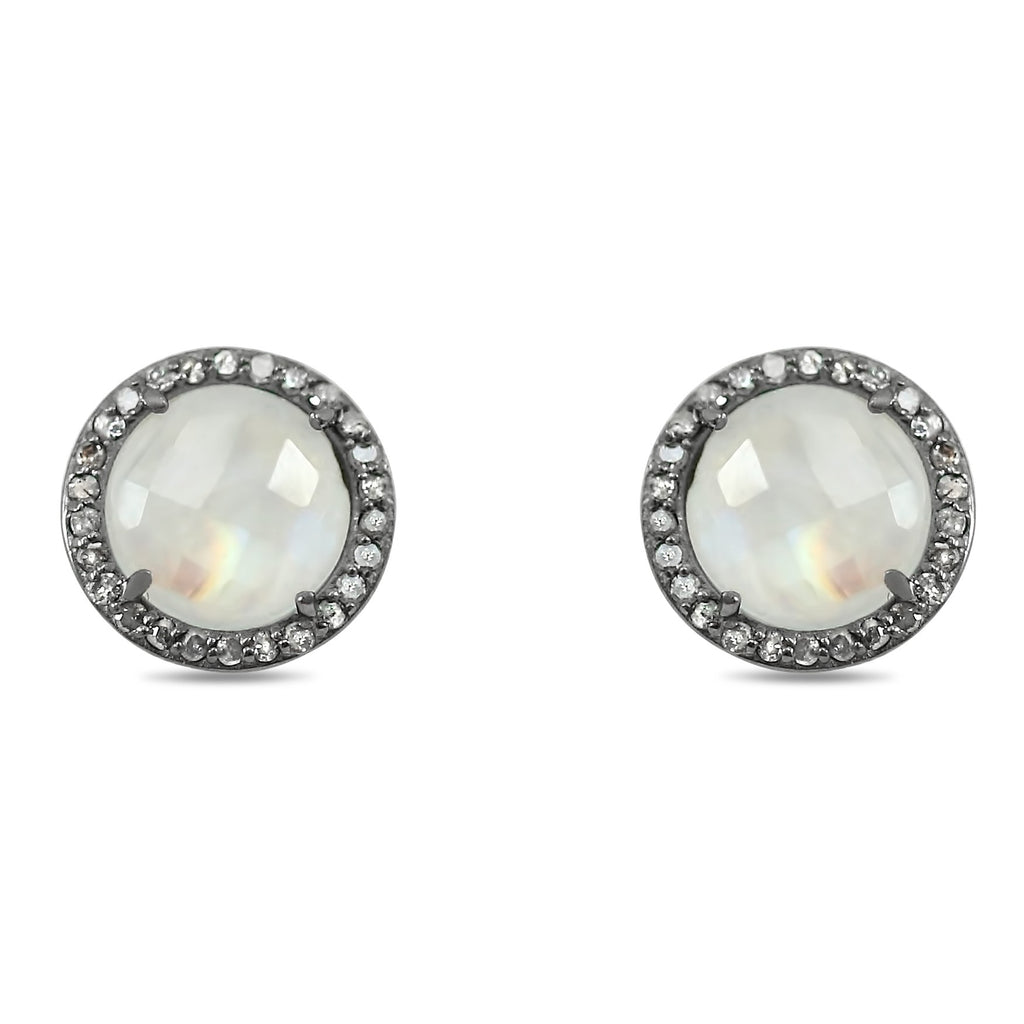 moonstone stud earrings with matching diamond halos set in blackened sterling silver 