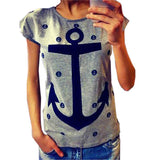 Style Women Lady Letter Print Anchor Slim Cotton Casual Shirts Tops T Shirts