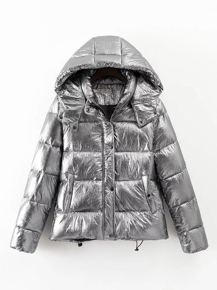 Women jackets Short warm coat Silver metal color bread style parka ...